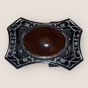 Vintage Ornate Silver Belt Buckle With Faux Amber Centerpiece